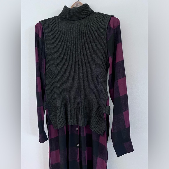 Rock & Republic Dress Sweater Faux Layered Sheer Bottom Buffalo Plaid Size Large - Picture 2 of 9
